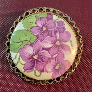 VINTAGE  VIOLET FLORAL PORCELAIN PIN Approx 2 in.